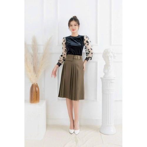 Chân váy công sở xếp ly xòe tròn kèm đai cao cấp