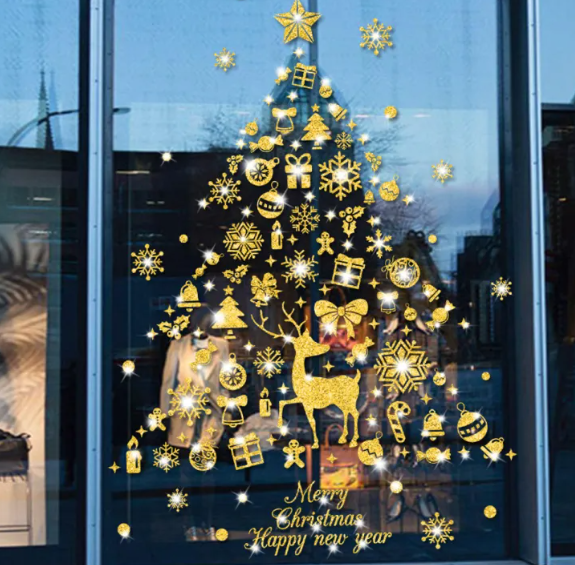 Decal trang trí Noel - Cây thông phụ kiện noel nhũ kim tuyến