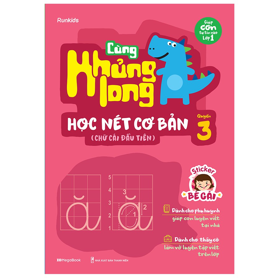 Sách Combo 3 cuốn Cùng Khủng long học nét cơ bản (Nét, số, chữ cái đầu tiên) Bé gái-Tặng kèm Sticker