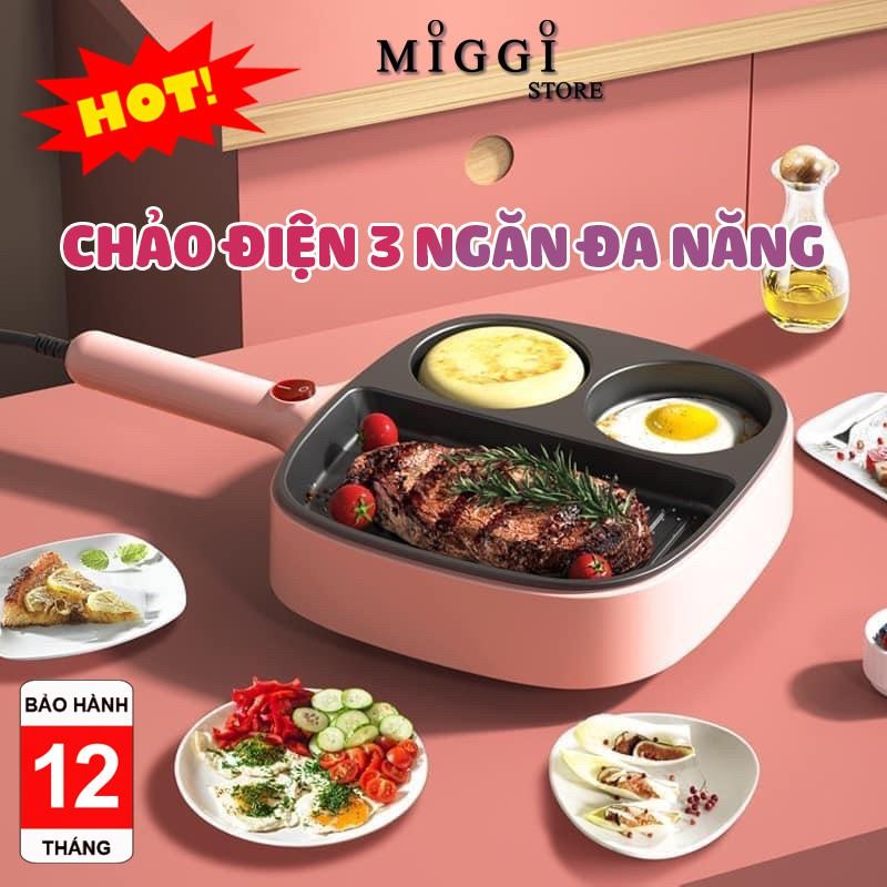 Chảo Điện 3 Ngăn Đa Năng - Chảo Chống Dính Cao Cấp - Chảo Ốp La Trứng, Làm Bánh Mì, Chiên,Xào - Siêu tiện lợi