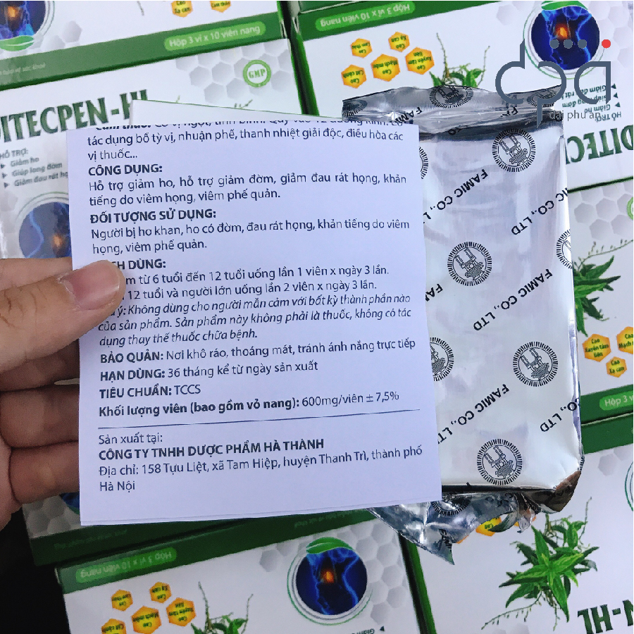 Thực phẩm bảo vệ sức khỏe Xuyên Tâm Liên DITECPEN-HL hỗ trợ giảm ho, đau họng, viêm phế quản