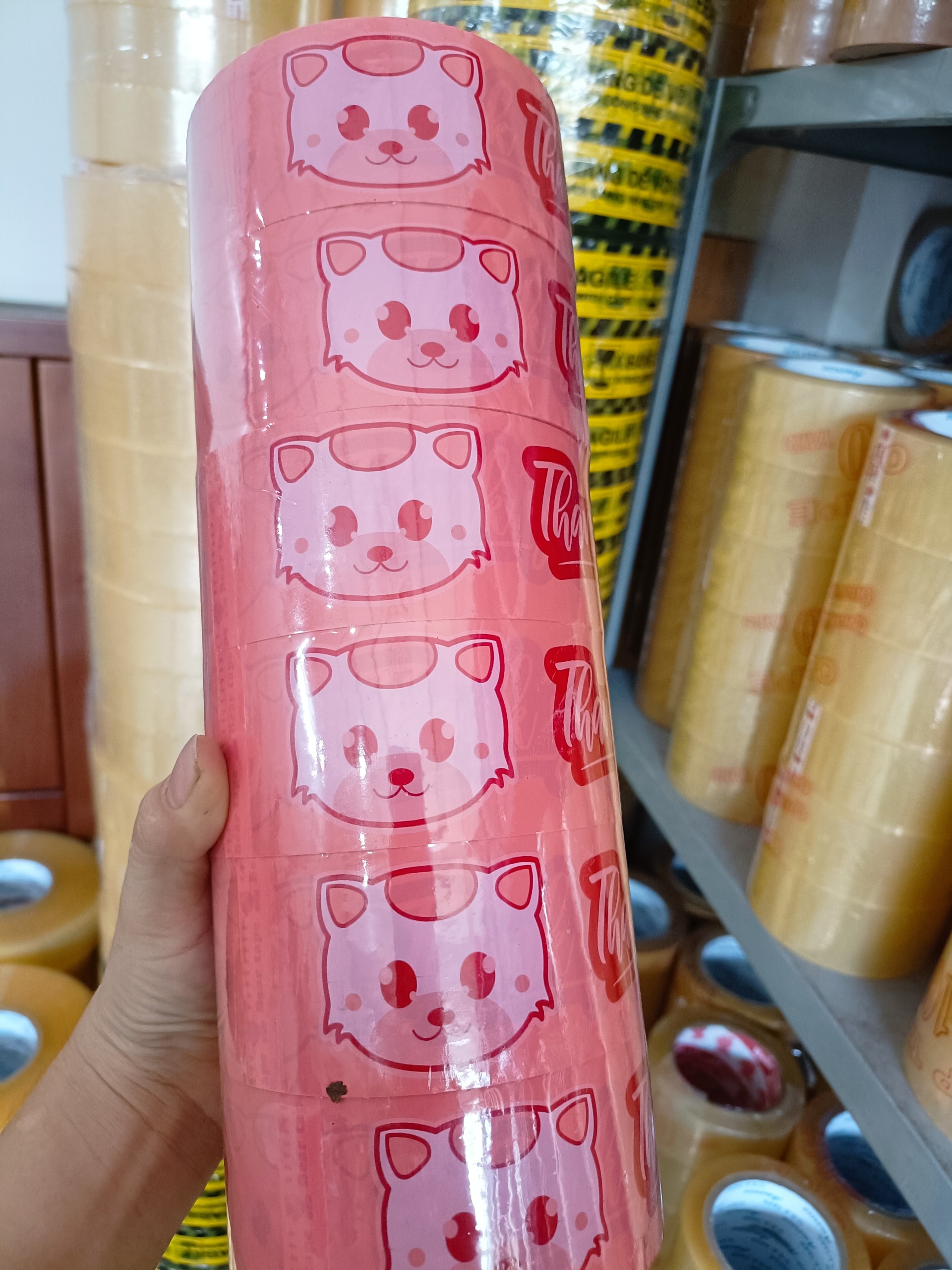 6 cuộn băng keo in hình mèo kèm chữ Thank you màu cam sữa