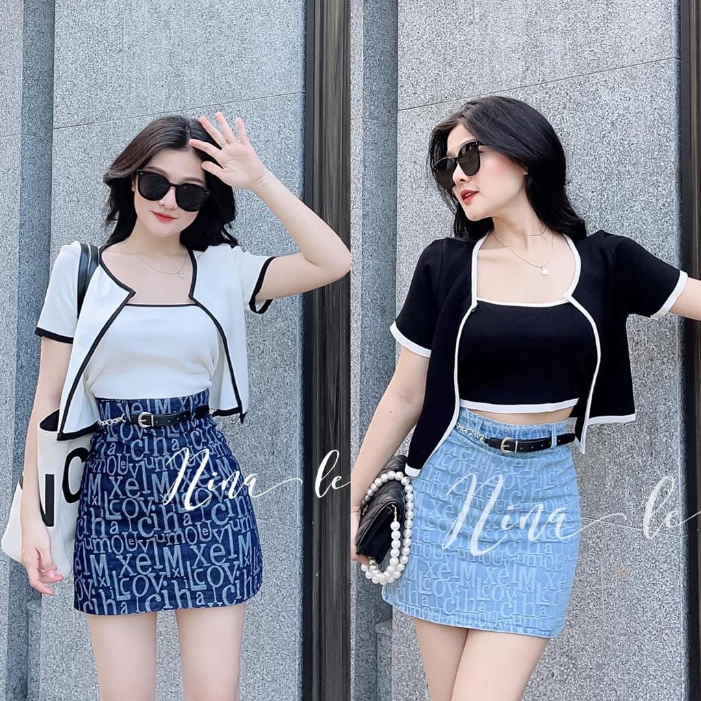 Sét váy 3 món áo phối viền kèm chân váy in họa tiết dễ thương thời trang nữ cho nàng đi chơi, dạo phố