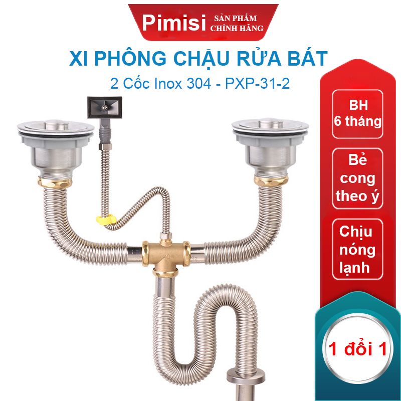 Xi Phông Chậu Rửa Bát 2 Hố Pimisi PXP-31-2 Inox Cao Cấp Kiểu Chun Uốn - Bẻ Cong, cho Bồn Rửa Chén 2 Hộc Đôi | Chính Hãng