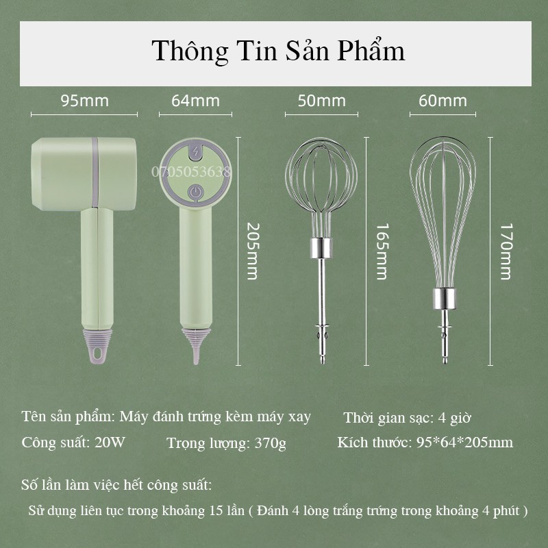 Máy Đánh Trứng - Máy xay thịt tỏi ớt hạt tiêu Cầm Tay 3 trong 1 PIN SẠC không dây hàng nhập khẩu