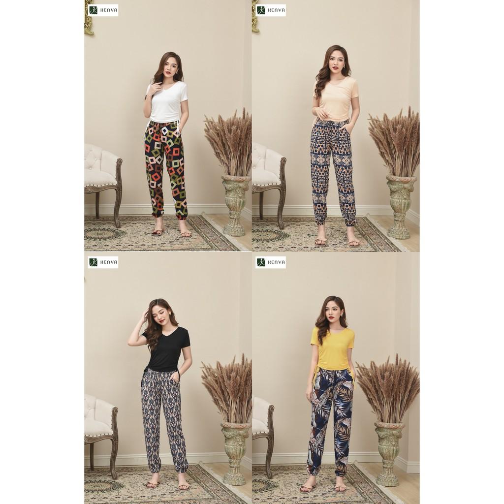 Set đồ Kenva, quần lanh alibaba siêu xinh form suông tôn dáng, áo thun cổ tim có dây rút siêu nữ tính