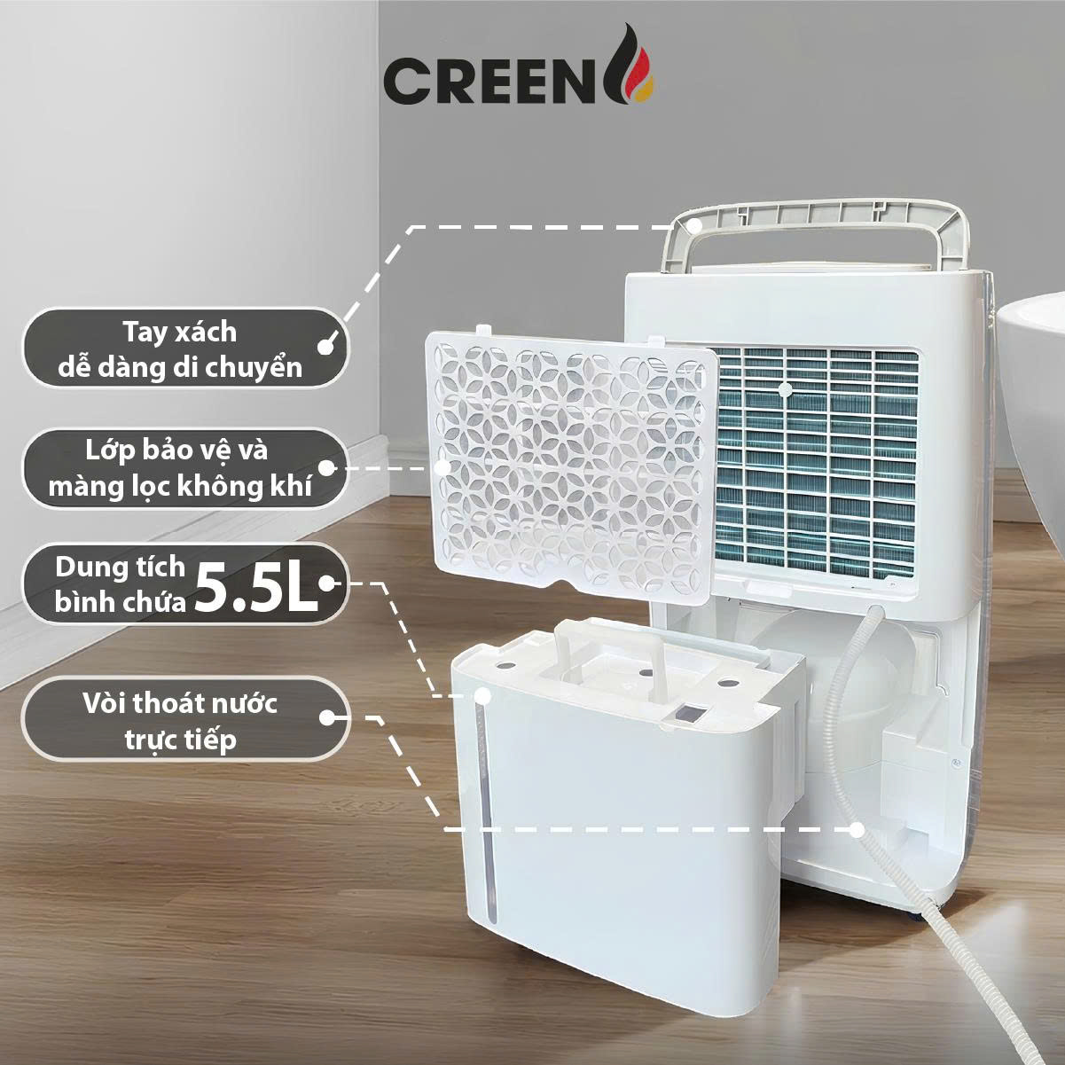 (Model New) Máy Hút Ẩm Lọc Không Khí Creen CR-DE25 - Công Suất 25L/ngày, Khử Khuẩn, Sấy Quần Áo, Hàng Chính Hãng
