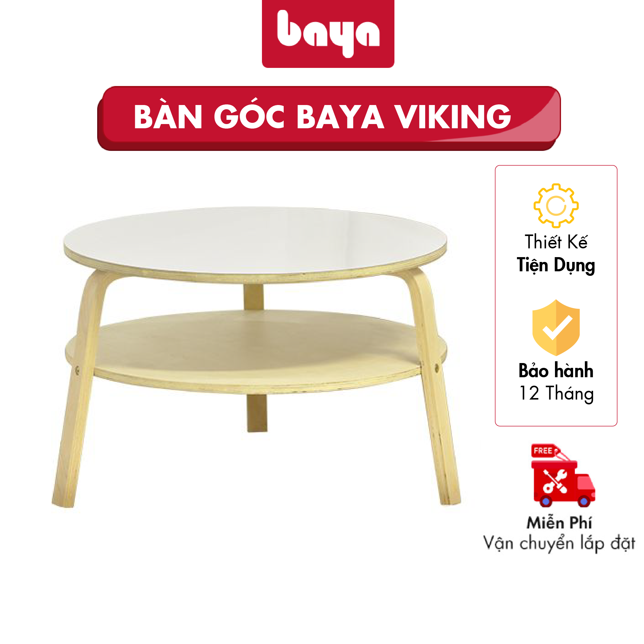 Bàn Cà Phê BAYA VIKING Làm Từ Gỗ Ván Ép Chắc Chắn, Nhẵn Bóng Đẹp Mắt, Thiết Kế 2 Tầng Dạng Bàn Tròn Tiện Dụng 1026122