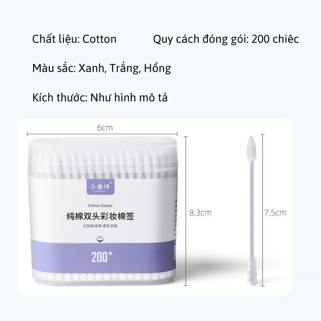 HỘP 200 Tăm Bông 2 Đầu Y Tế Kháng Khuẩn Vệ Sinh Tai, Mũi