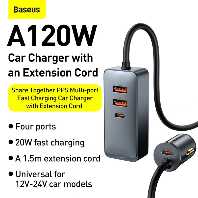 Tẩu sạc nhanh mở rộng 4 Port Baseus Share Together Extention Car Charger 120W - Hàng Chính Hãng