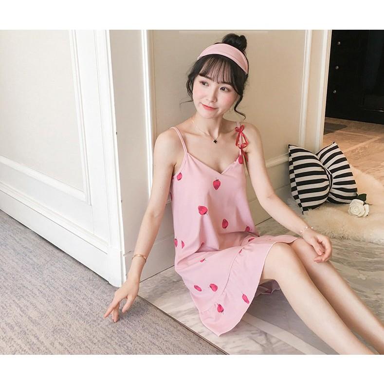 {Freeship} Váy đầm ngủ 2 dây mặc nhà họa tiết hình dâu cute, vải mềm mịn có nệm ngực Vn21