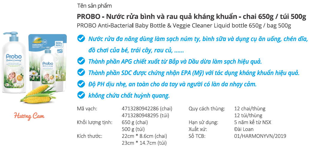 Nước rửa bình sữa và rau quả kháng khuẩn dạng túi PROBO - 500g