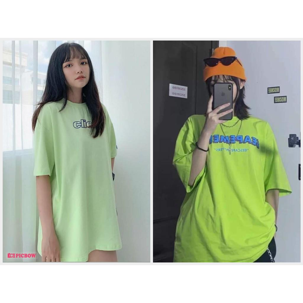 Áo thun tay lỡ xanh chuối hình chữ Click Unisex form rộng dễ thương.