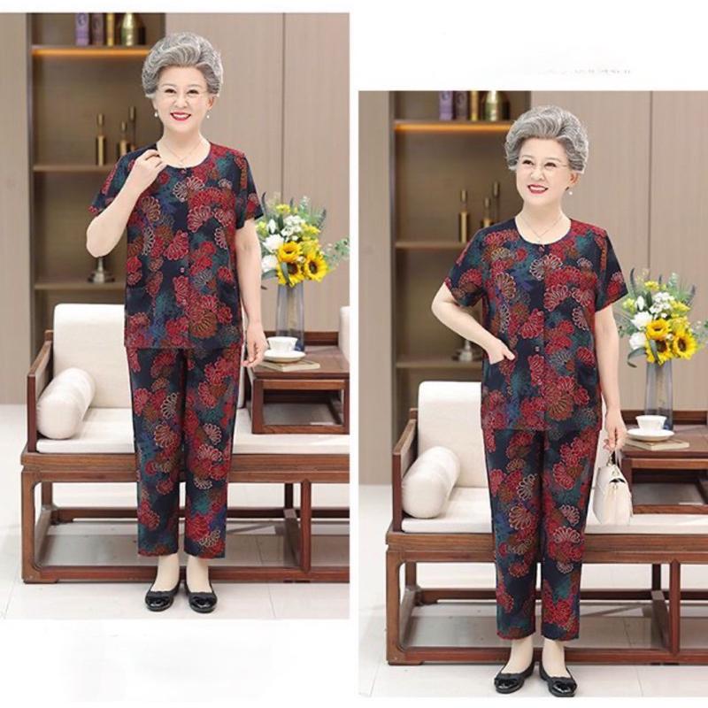 Đồ bộ mặc nhà cho người già cao tuổi, bộ mặc nhà tay cộc quần dài nữ trung niên