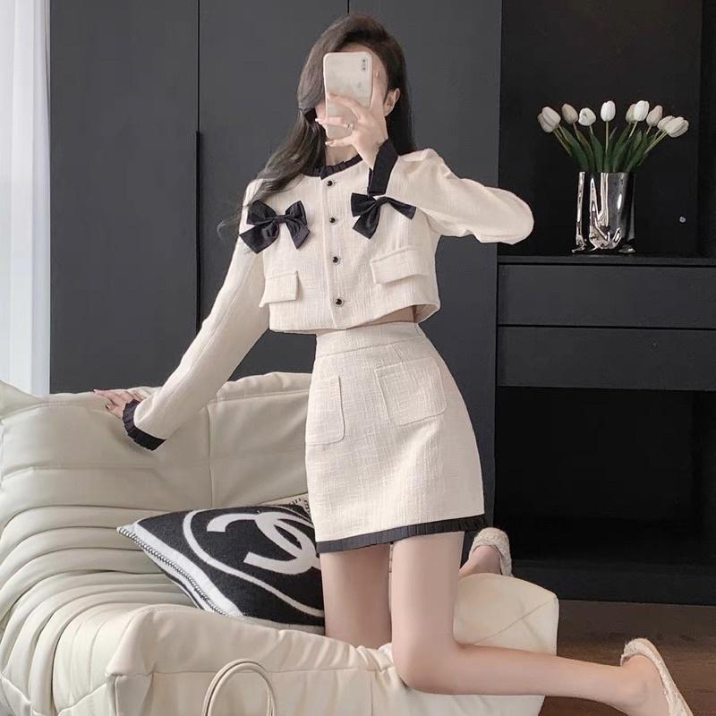 Sét Dạ Nơ Tay Dài Hàng 2 Lớp Sang Chảnh, Set Dạ Tweed Trắng khoác Croptop kèm chân váy ngắn siêu xinh