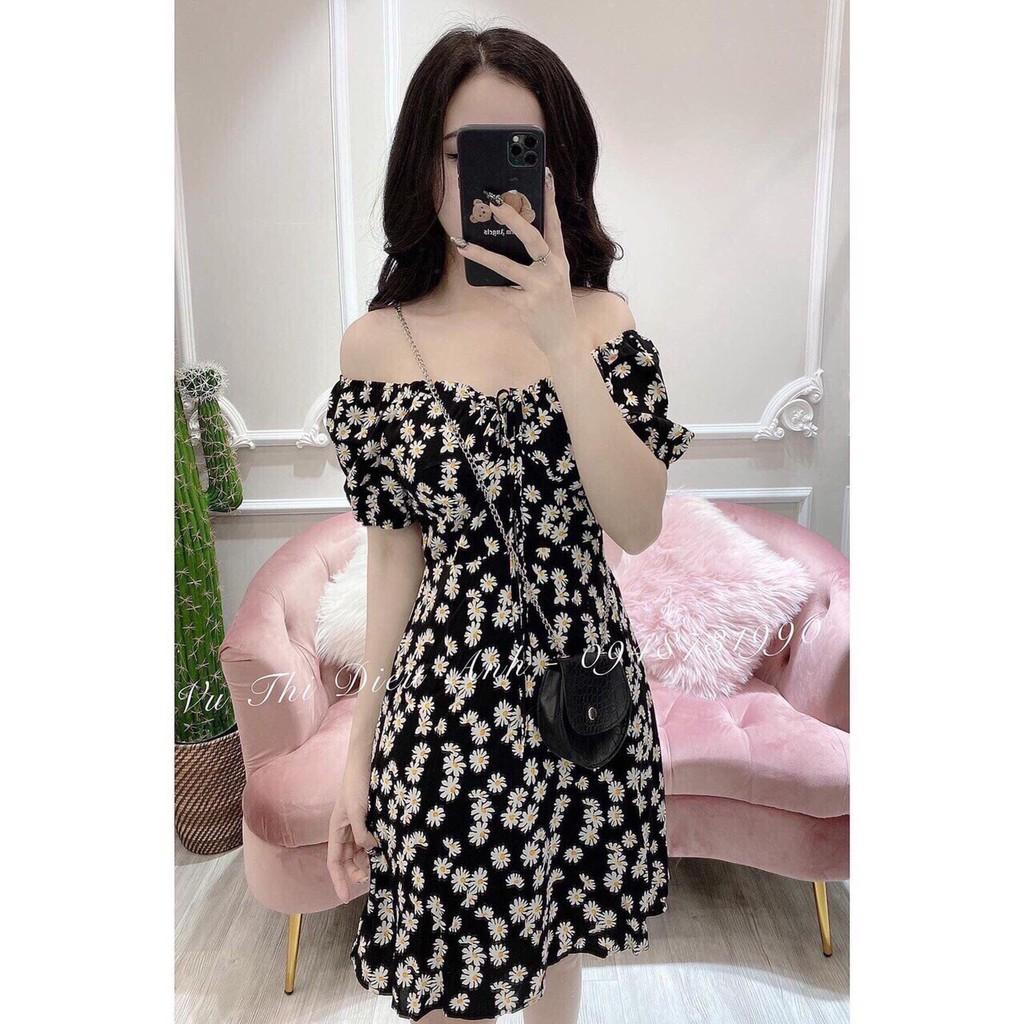 Đầm nữ dáng chữ A họa tiết cúc họa mi trắng cột nơ ngực tay bo thun có lót trong thích hợp mặc đi dự tiệc mặc đi chơi AM