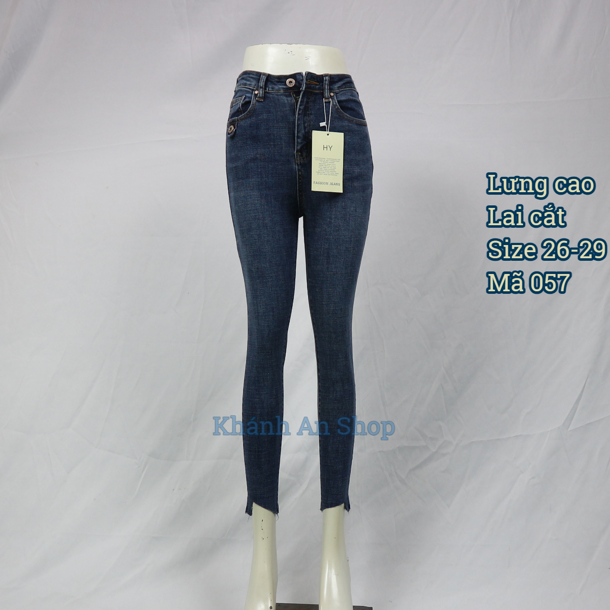 Quần lưng nữ lưng cao lai cắt màu xanh 057