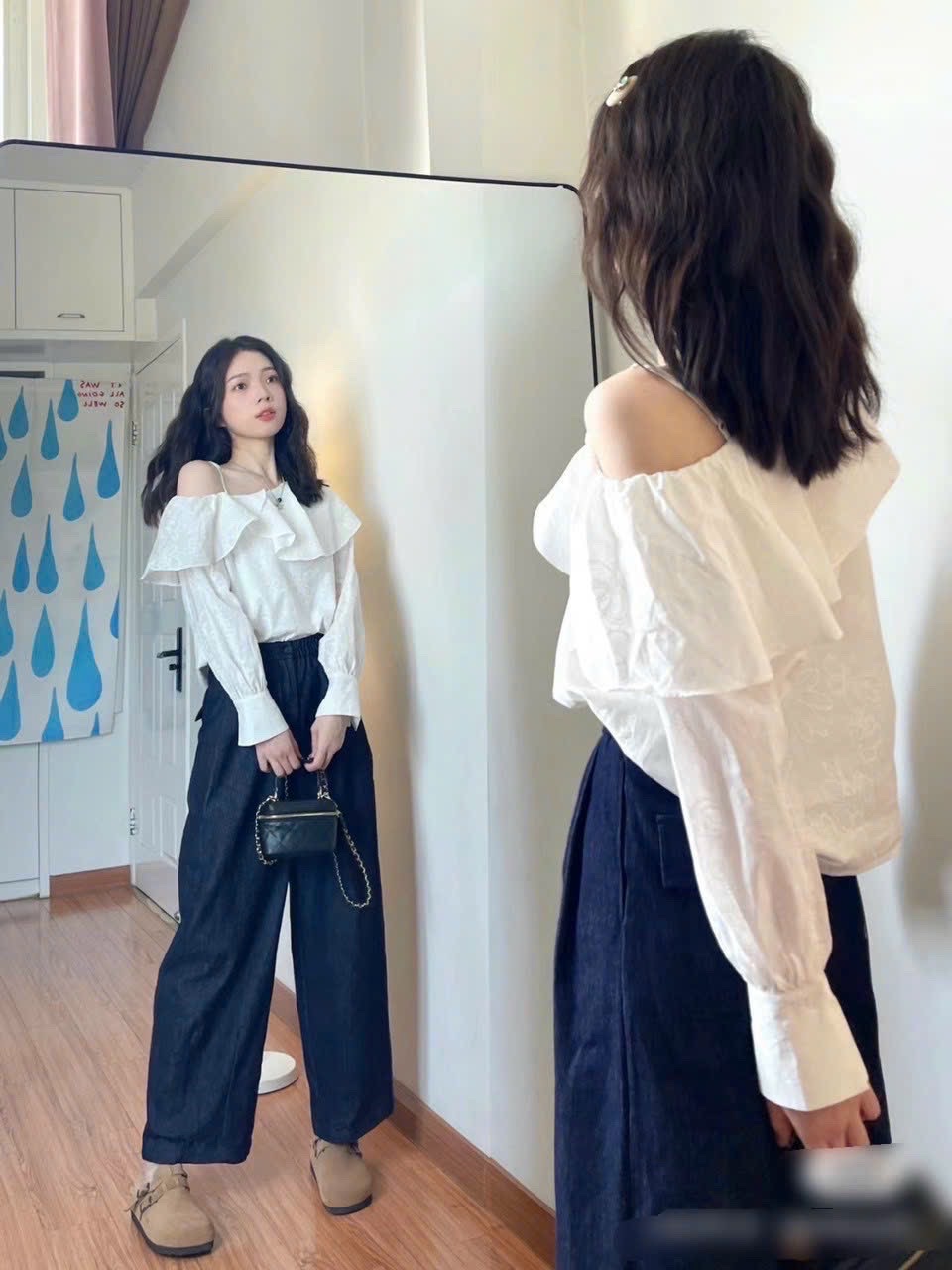 SET ÁO DÂY TRỄ VAI SƠ MI BÈO RỘNG TRẮNG + QUẦN DÀI ỐNG RỘNG LƯNG CAO SUÔNG ĐỨNG JEANS ĐI CHƠI DẠO PHỐ ĐI TIỆC ĐI BIỂN