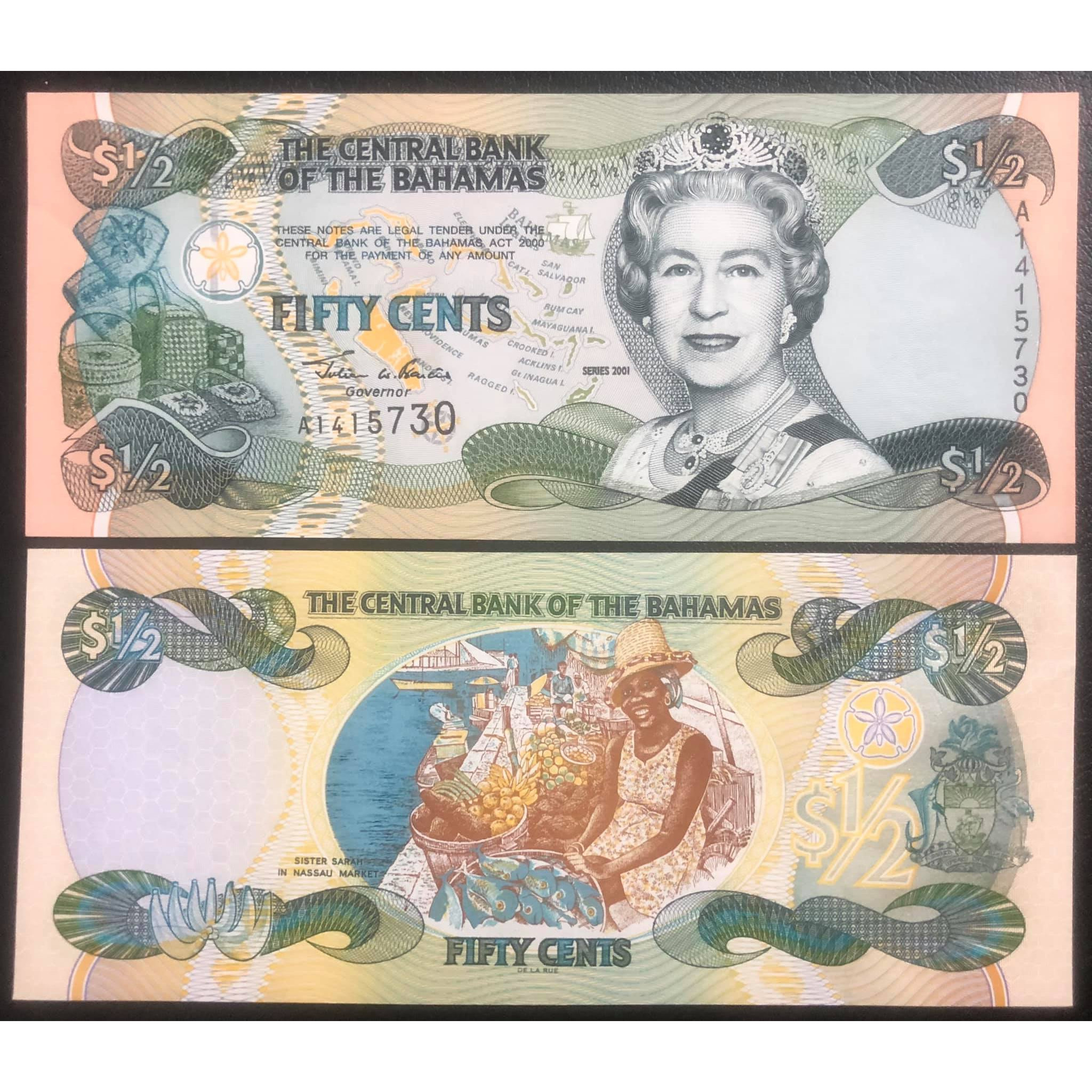 Tiền đảo quốc Bahamas mệnh giá lạ 1/2 dollars, in chân dung Nữ hoàng Elizabeth