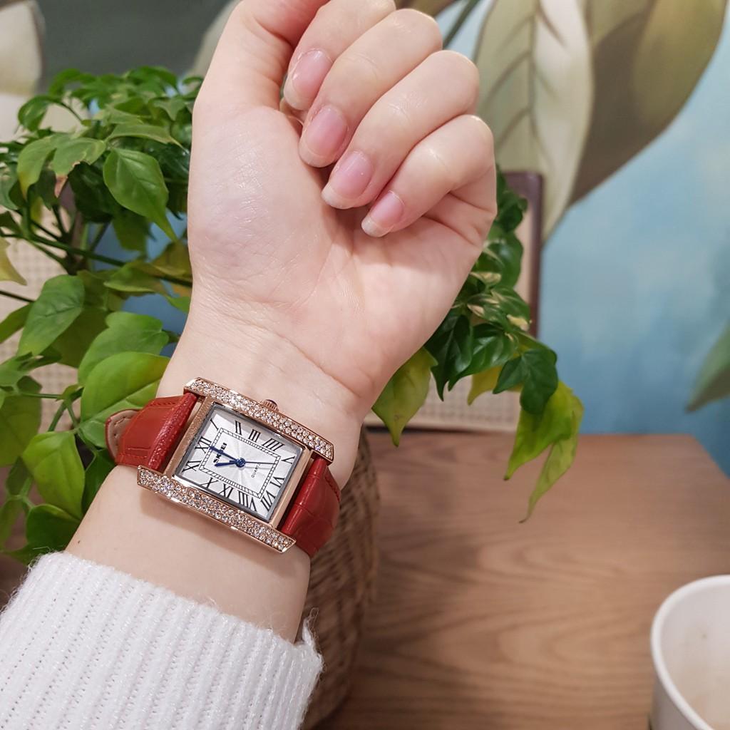 Đồng hồ nữ SKMEI dây da đỏ mặt vuông đính đá chính hãng Tony Watch 68