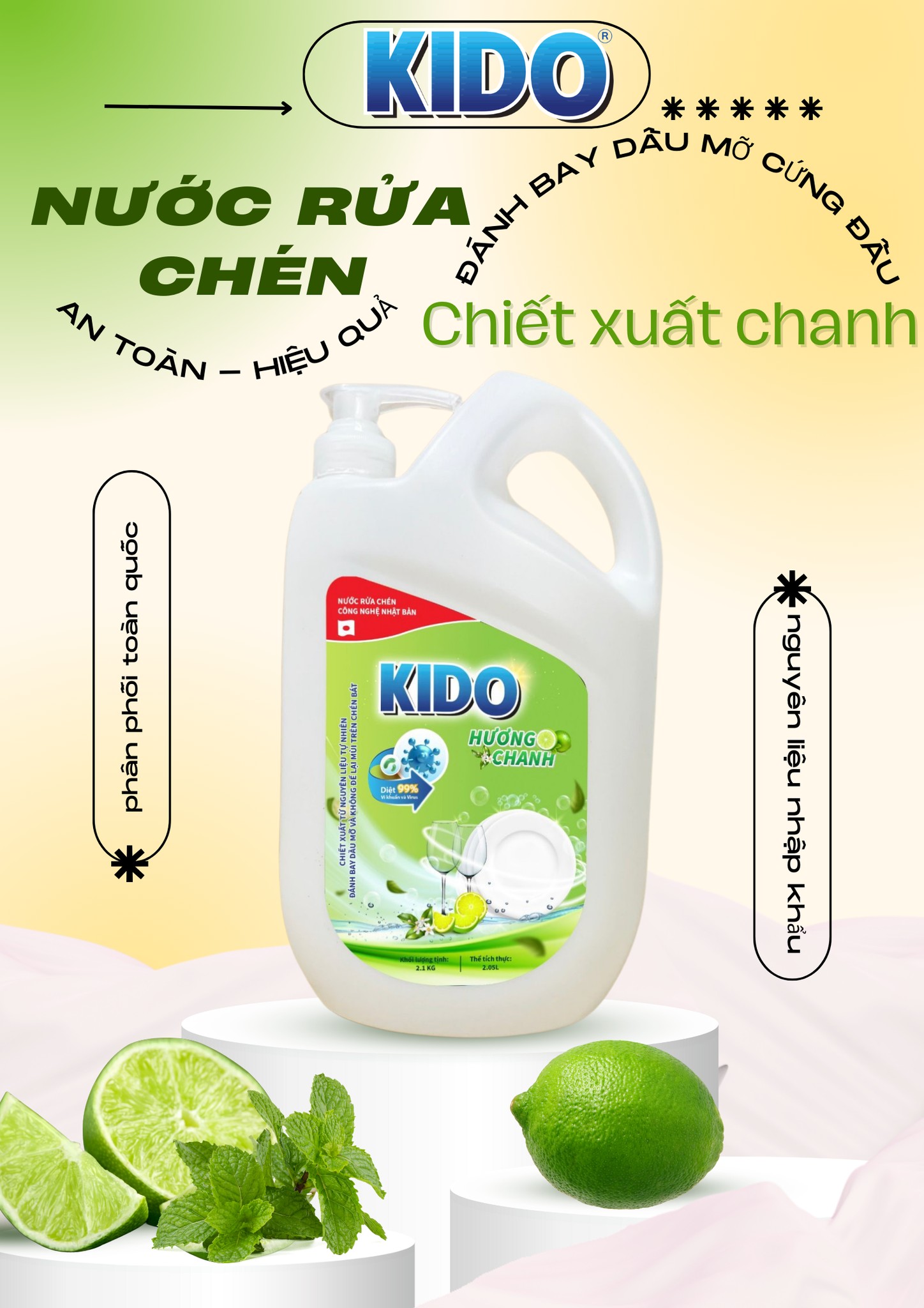 Nước Rửa Chén KIDO Hương Chanh 2,1 Lít - Làm Sạch Hiệu Quả, Thơm Mát Tự Nhiên