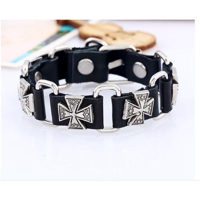 Combo Vòng tay da đính mặt chữ thập và dây chuyền nanh sói thời trang nam nữ