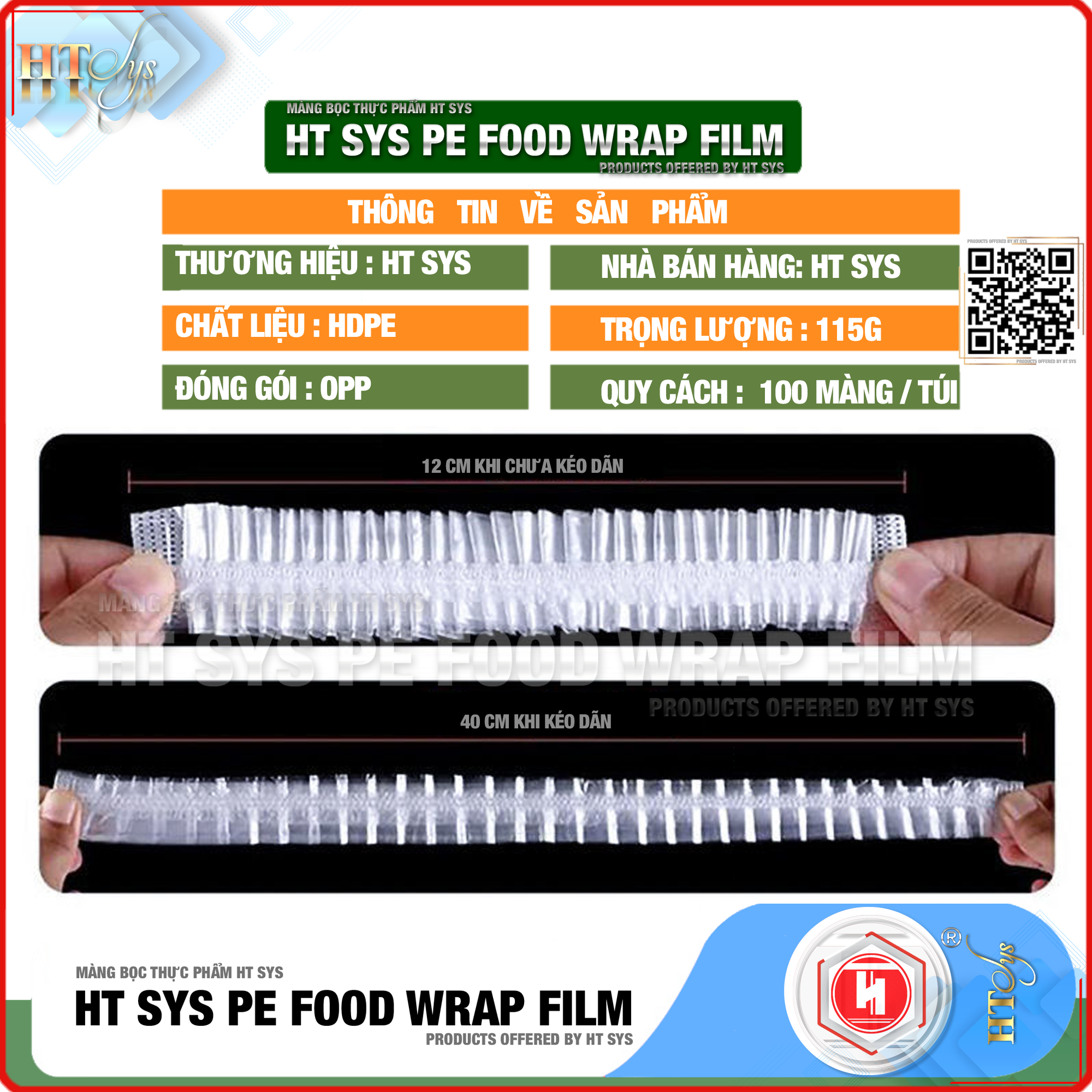 Sét 100 Màng Bọc Thực Phẩm PE Cao Cấp - HT SYS PE FOOD WRAP FILM - Túi Bọc Thực Phẩm Bo Chun Co Giãn  - An Toàn Vệ Sinh Thực Phẩm - [Tặng Kèm Túi Đựng và Móc Dán Đa Năng]