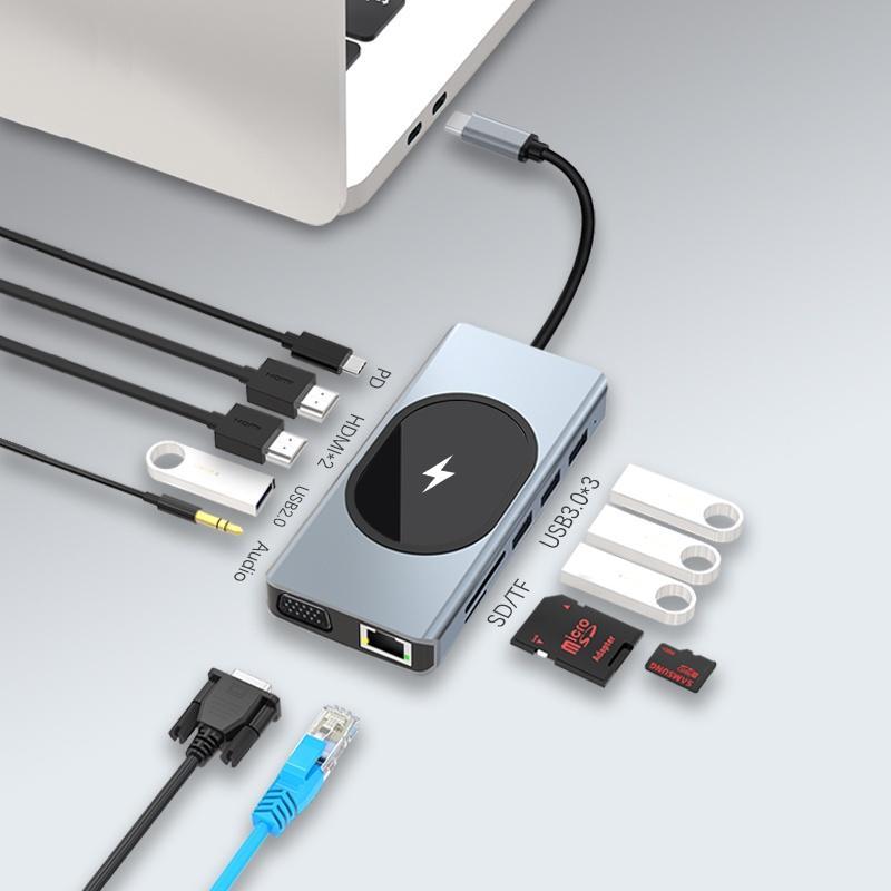 Bộ Chia Cổng Sạc Type c 12 Trong 1 Sang HDMI * 2 4K VGA USB3.0 100W PD / TF2.0 RJ45 1000M 3.5mm Cho Macbook M1 Laptop Điện Thoại