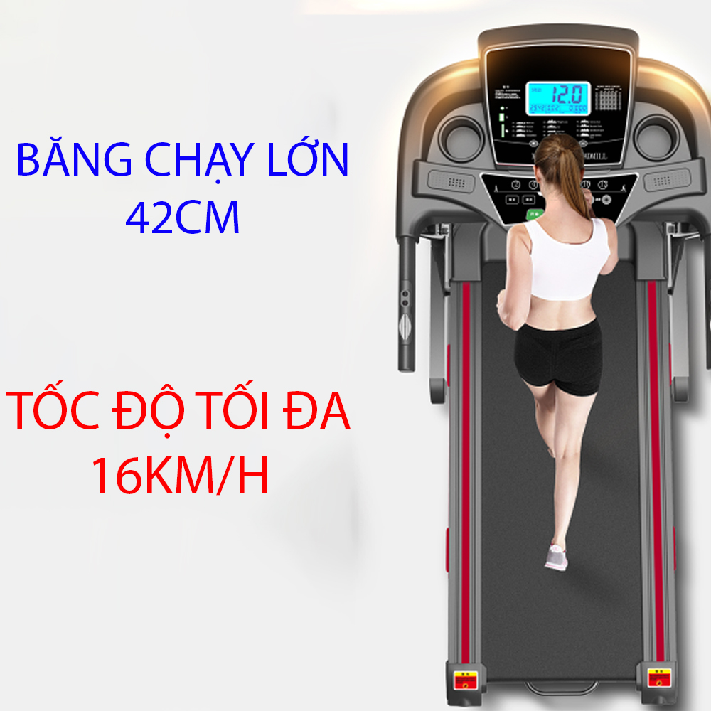 Máy chạy bộ điện tích hợp máy rung, gập bụng,băng chạy rộng, tốc độ tối đa lên tới 16km