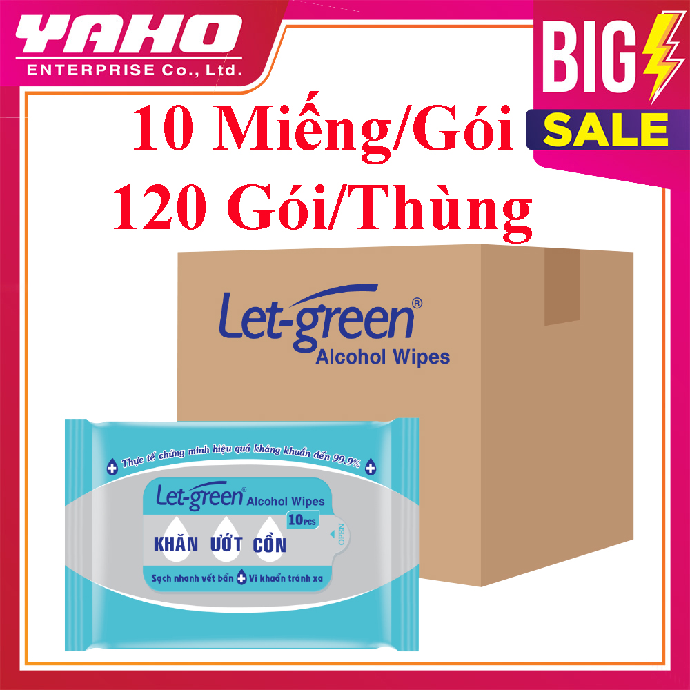 Thùng 120 Gói Khăn Ướt Cồn LET-GREEN Diệt Khuẩn, 10 Miếng/Gói