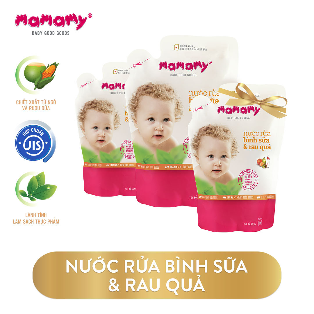 [MUA 2 TÚI TẶNG 1 TÚI] Combo 2 Túi Nước rửa bình sữa và rau quả Mamamy 600ml TẶNG 1 túi bổ sung cùng loại