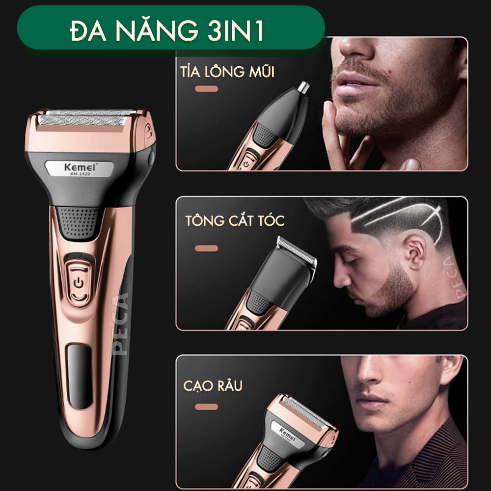 Máy cạo râu đa năng 3in1 Kemei KM-1429 gồm 3 đầu cắt thay thế dùng cắt tóc, cạo râu, tỉa lông mũi sử dụng cạo khô và ướt đều được