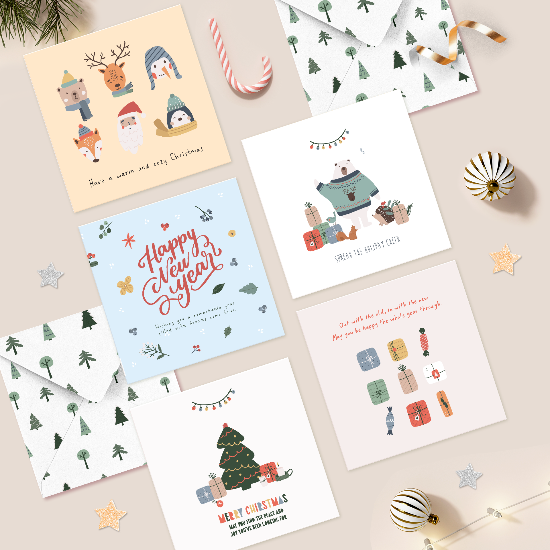 Set 5 thiệp giáng sinh noel năm mới SDstationery Christmas Harmony, trang nhã, dễ thương thân thiện, khổ vuông 12x12cm