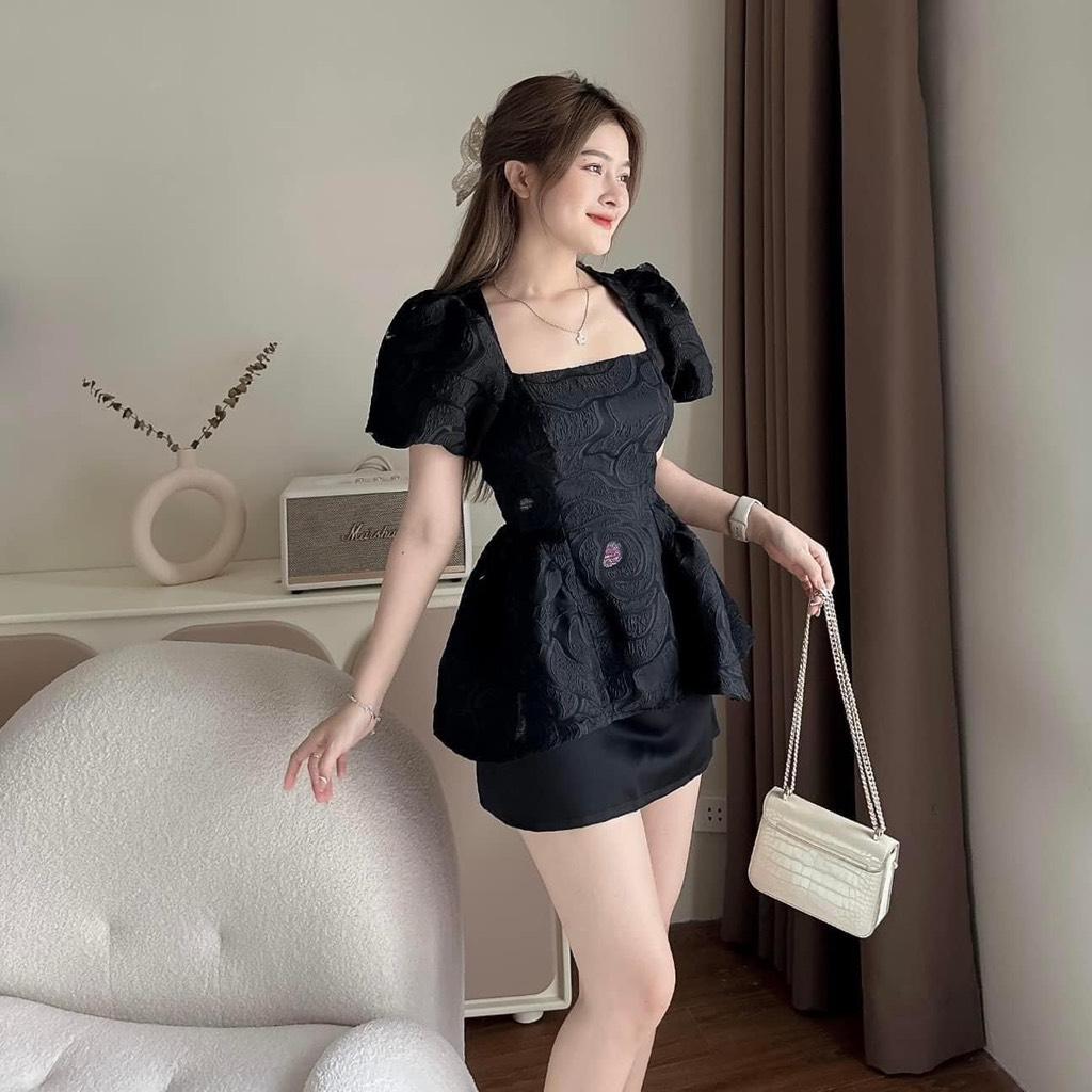 Sét váy áo peplum gấm hoa hồng bigsize
