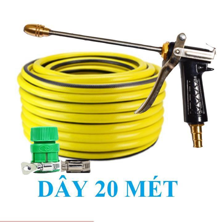 Bộ dây vòi xịt nước rửa xe, tưới cây . tăng áp 3 lần, loại 20m 206318 đầu đồng, đai, nối
