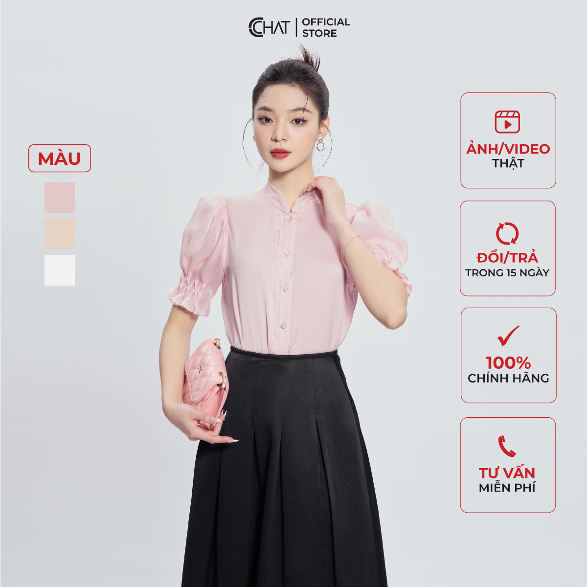 Áo Sơ Mi Nữ  Phối Tơ Cuốn Bèo Kiểu Chất Lụa Cao Cấp 53FNL8002ST