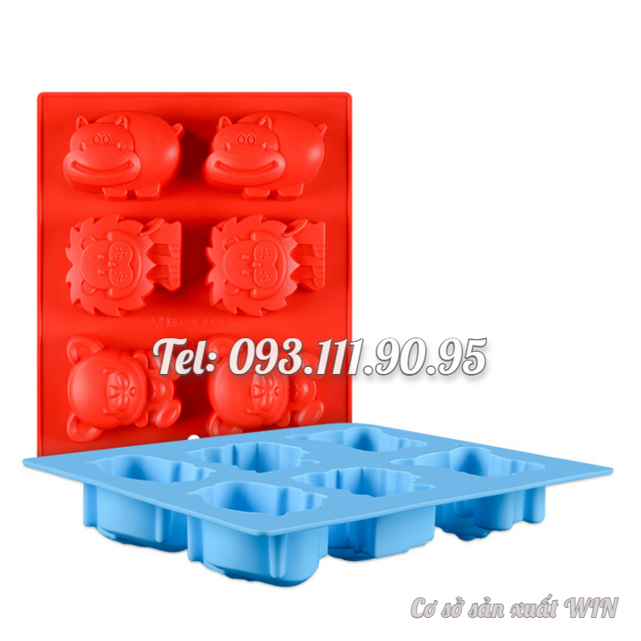 Khuôn silicon làm rau câu, socola, kẹo dẻo 6 con hà mã, sư tử, gấu – Mã số 1391