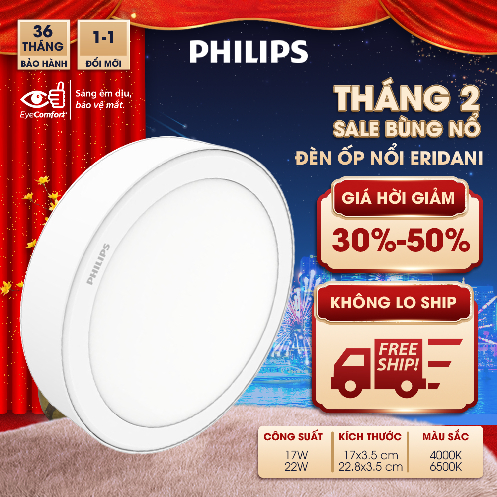 Bộ đèn ốp nổi Philips LED Eridani bảo vệ mắt, hiệu suất ánh sáng cao - Công suất (17W, 22W), Ánh sáng trung tính, trắng
