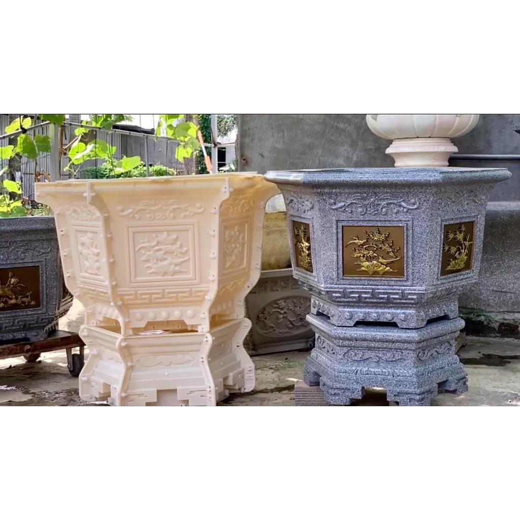 Bộ khuôn đúc chậu cảnh lục giác rộng 70cm mẫu Trúc-Cúc-Mai ghép Phúc-Lộc-Thọ kèm chân nhựa ABS có lòng trong