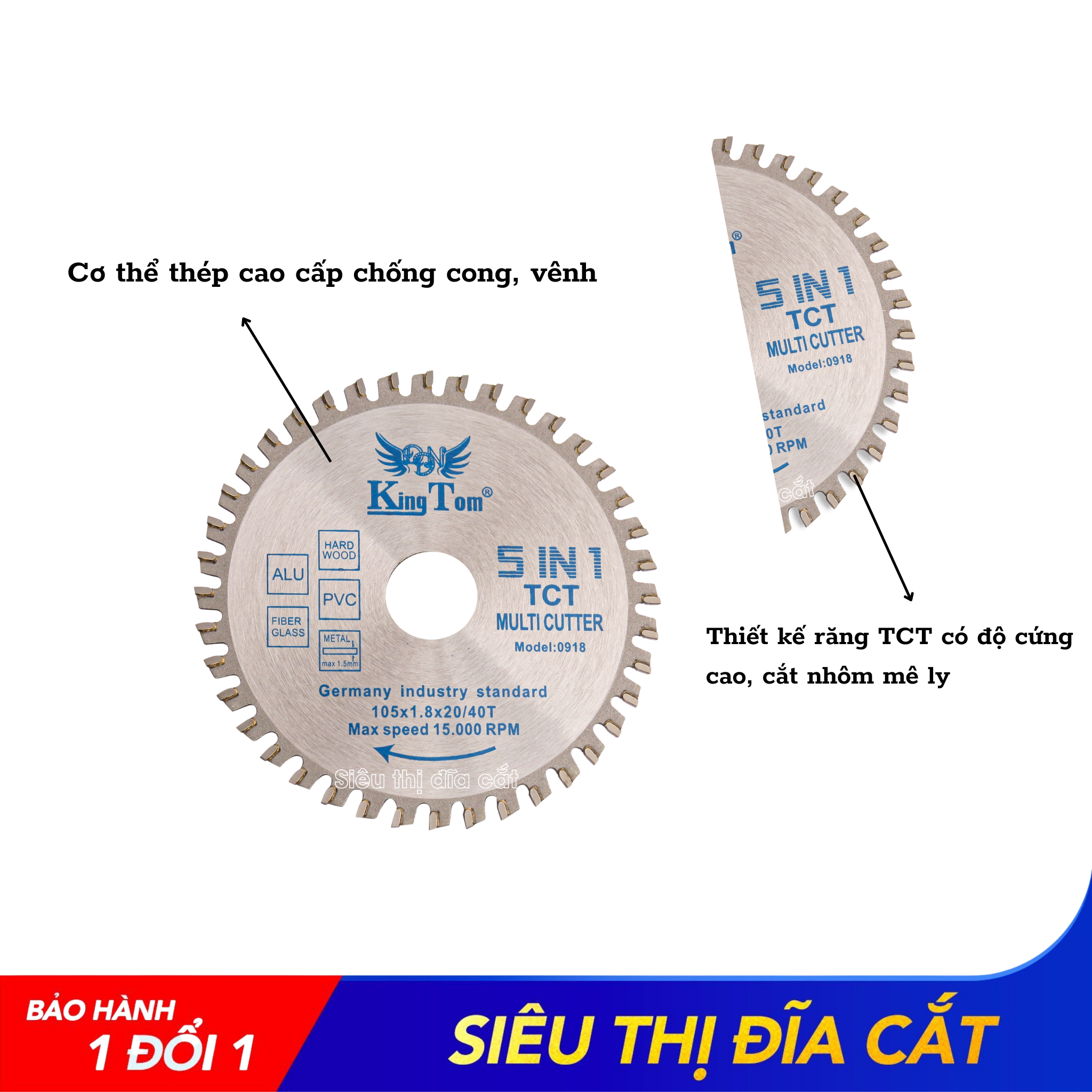 Lưỡi Cắt Gỗ - Nhôm Đa Năng 100-40 Răng (5in1) KingTom - Siêu Bén - Đường Cắt Siêu Mịn