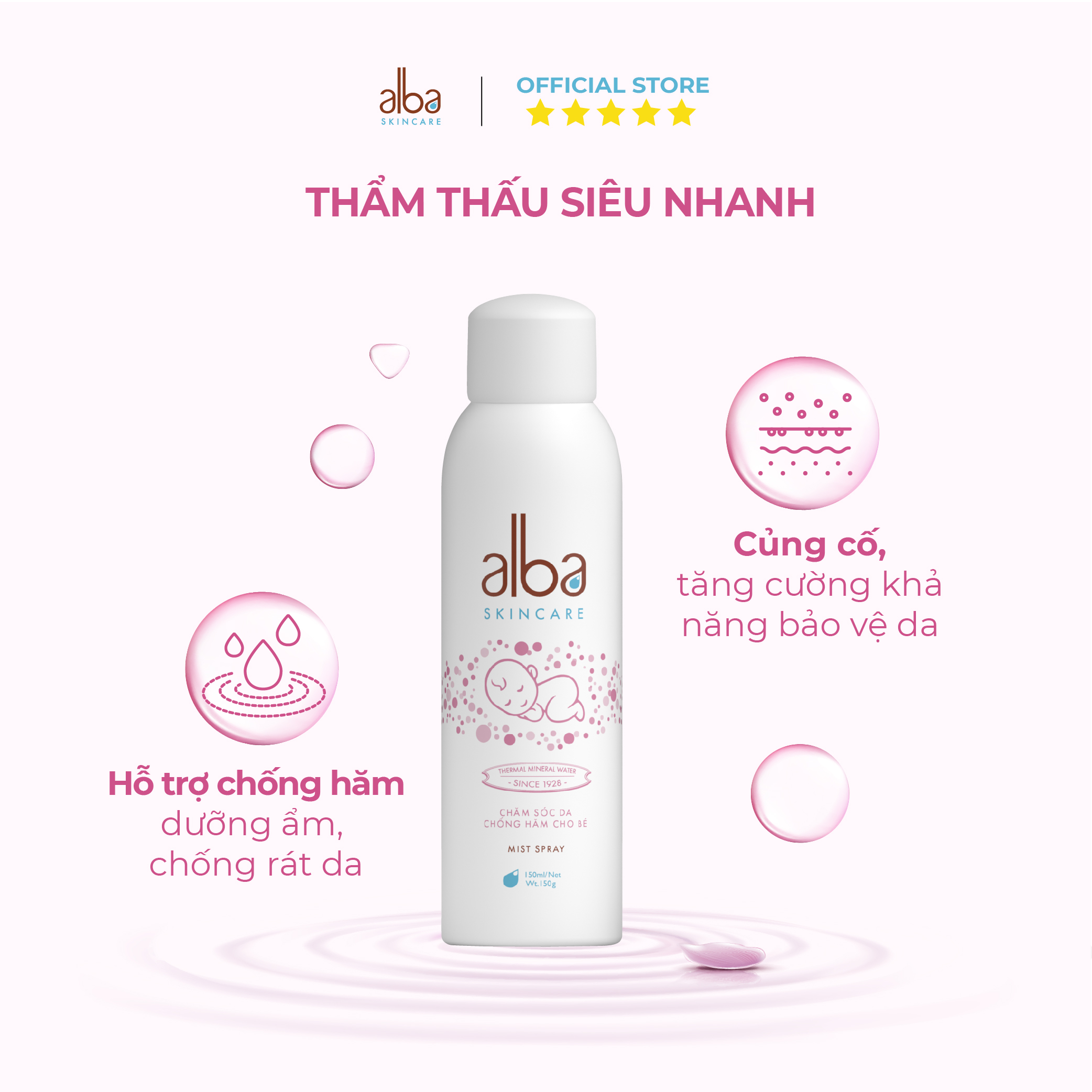 Combo 2 Xịt khoáng Alba Skin Care chống hăm cho da bé mịn màng 300ml + 150ml