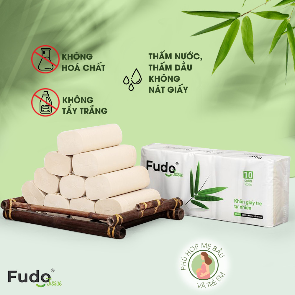 Khăn giấy tre Fudo - Combo 10 Cuộn Giấy Vệ Sinh Không Lõi (4 lớp): 100% bột tre, không tạo mùi, không tẩy trắng, siêu mềm, siêu mịn, siêu dai