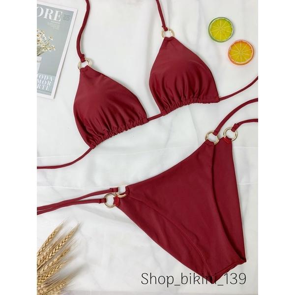 Bikini 2 mảnh đồ bơi nữ tam giác phối khoen dây dài màu đỏ đô