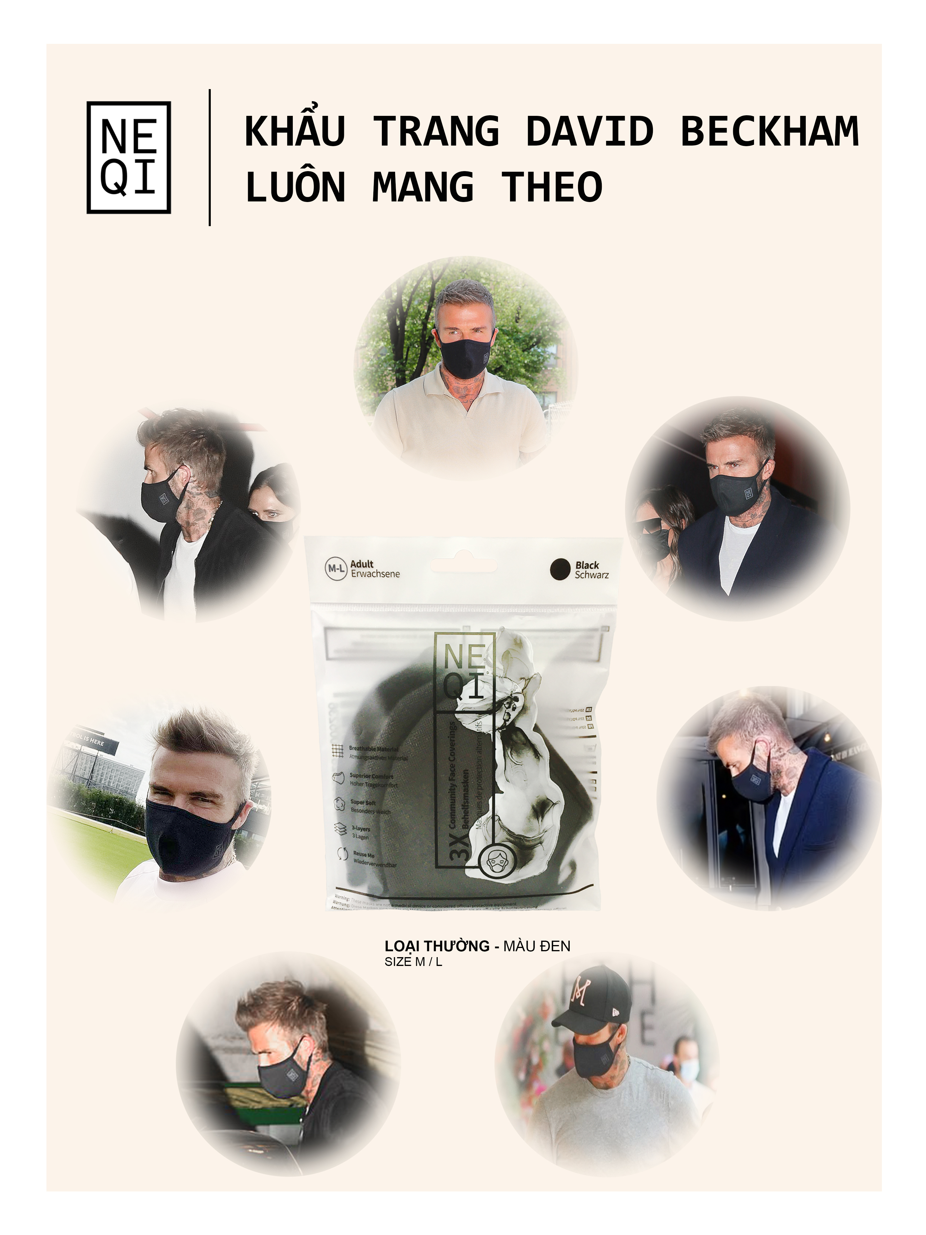 Set 3 khẩu trang vải nam - nữ - trẻ em kháng khuẩn cao cấp NEQI FACEMASK Đức, màu xanh dương thời trang, lọc 98% bụi mịn