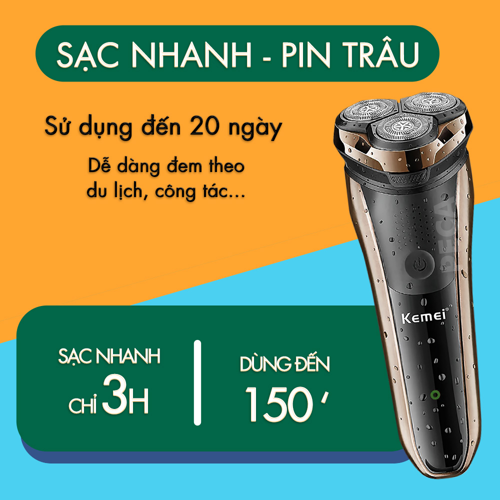 Máy cạo râu 3D lưỡi nổi Kemei KM-833 chống thấm nước IPX7, sạc USB type C có đèn led thông minh, cạo khô và ướt, máy cạo râu - Hàng chính hãng