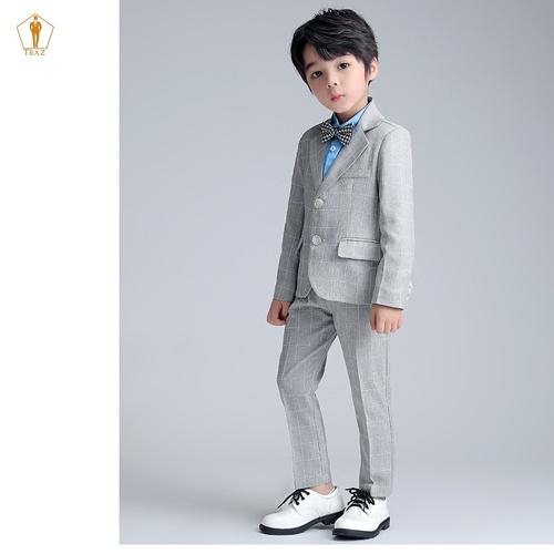 Set bộ vest TRAZ công tử karo màu sáng xám xanh vest đầy tháng thôi nôi bé trai