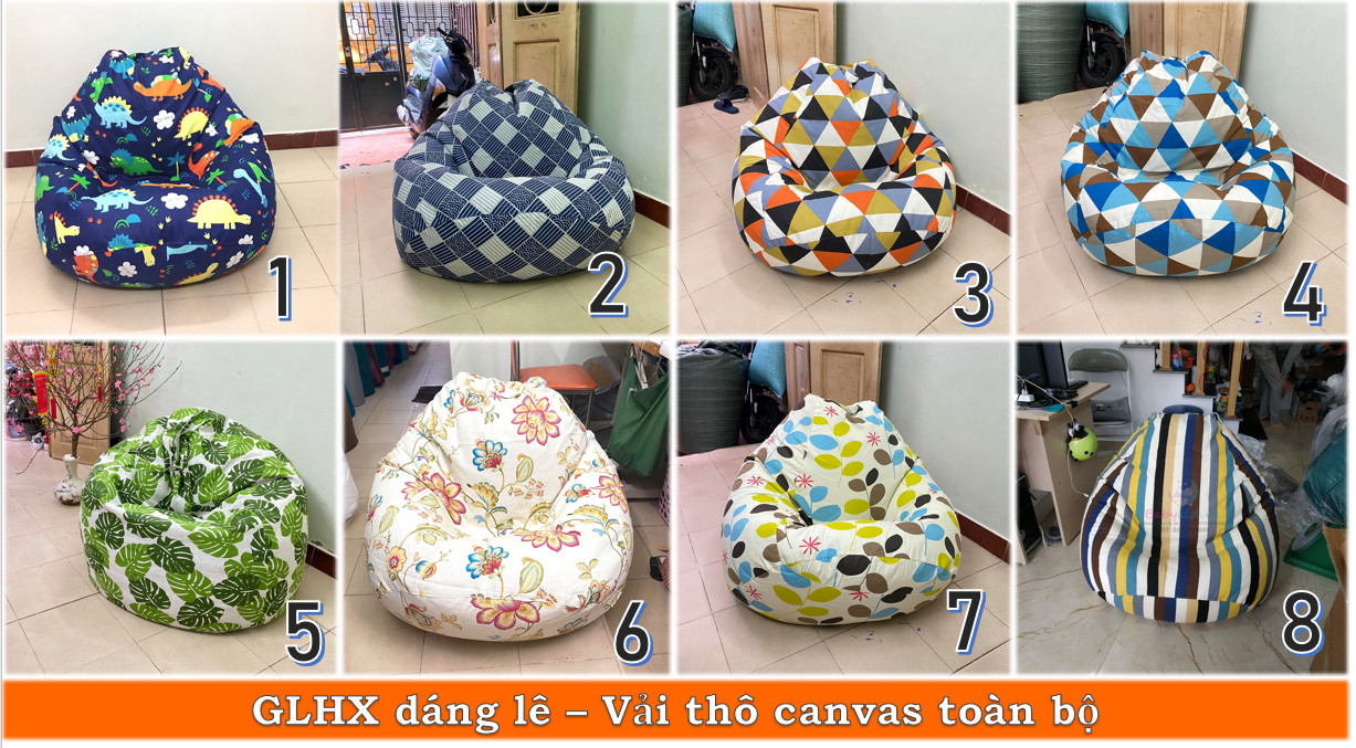 Vỏ lót ghế lười xốp vải canvas hoạ tiết đẹp / size L 90x120cm / ko xốp