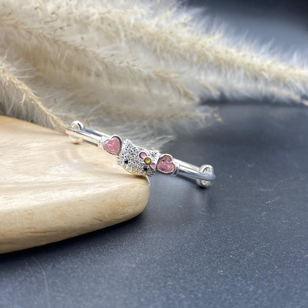 Lắc Tay, Vòng Tay Cho Bé Bạc Ta Nguyên Chất S99 Mèo Kitty Hồng Xinh Chính Hãng Bạc Hiểu Minh LTE555