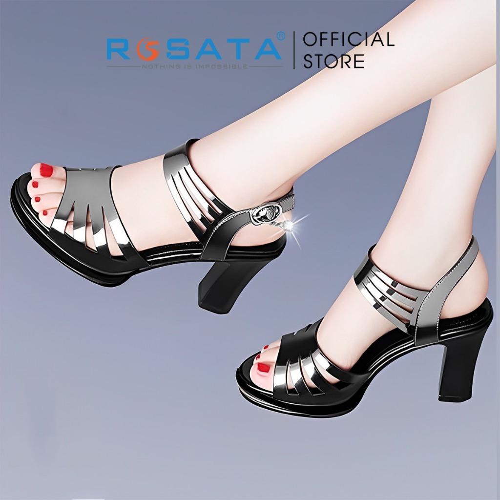 Giày sandal cao gót nữ ROSATA RO571 xỏ ngón mũi tròn quai hậu cài gót cao 8cm xuất xứ Việt Nam - Đen