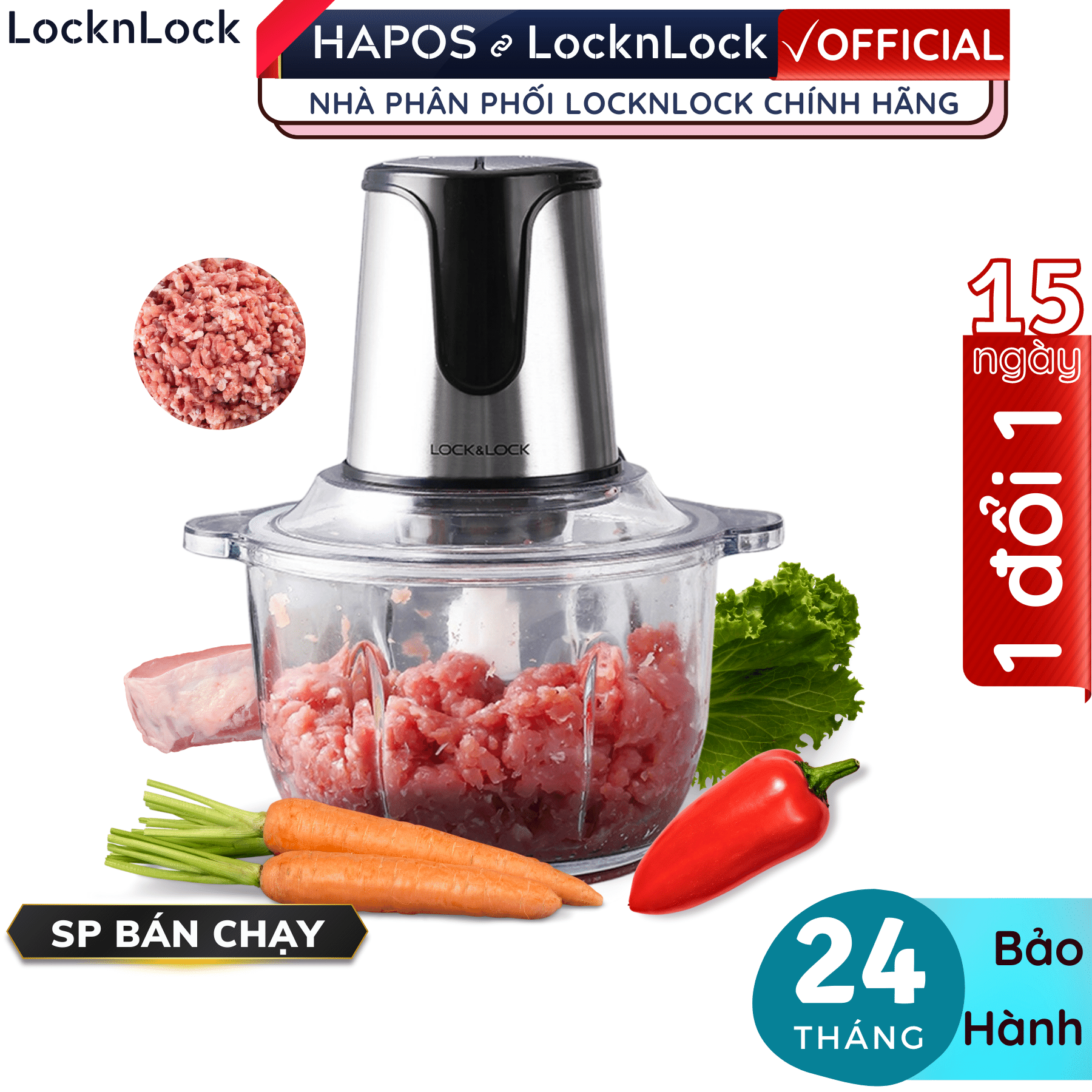 Máy xay thịt Lock&Lock EJM171 2 lít - Hàng chính hãng, 4 lưỡi dao, cối thủy tinh cao cấp, 2 cấp độ xay - Hapos